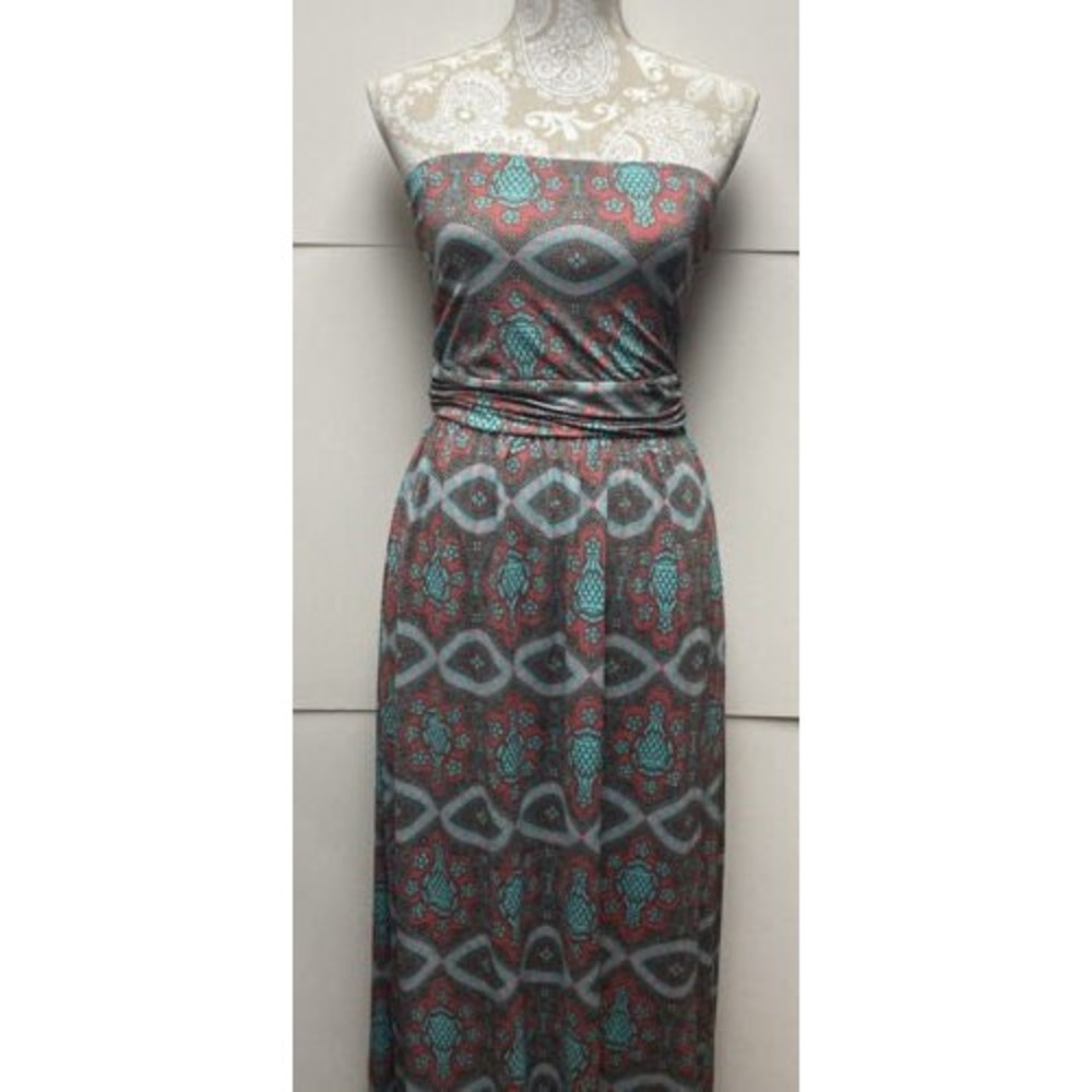 Filly Flair Strapless Maxi Dress Size‎ M Pinks, Teal & Brown Excellent Condition